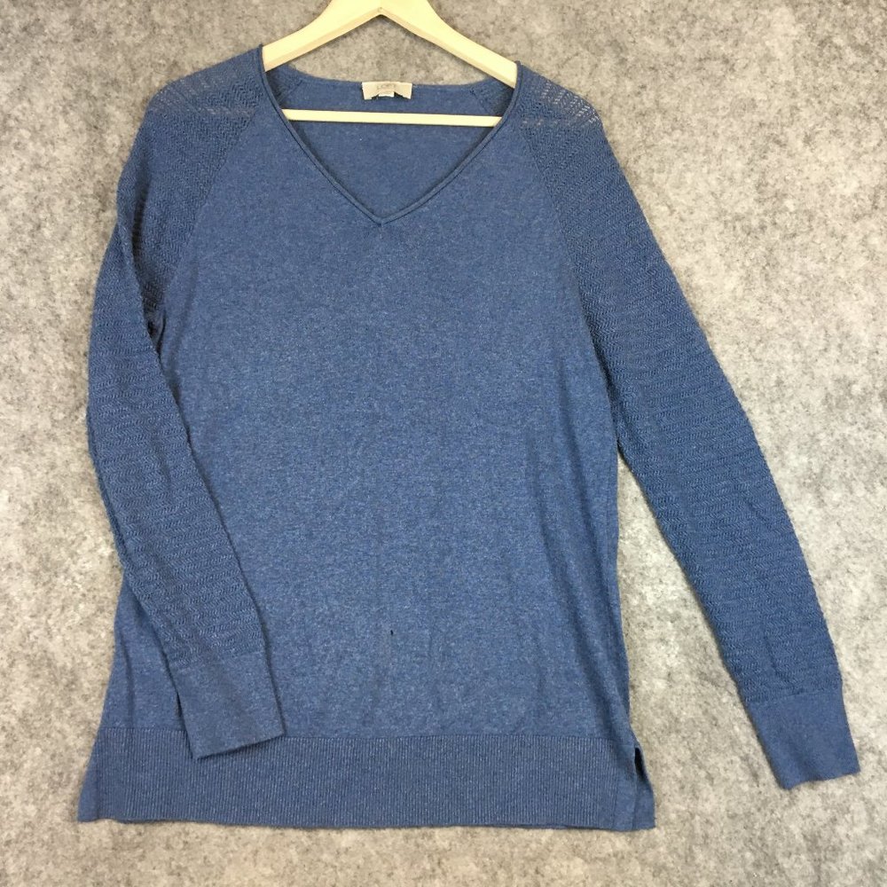 LOFT Sweater L Solid Blue V Neck Sheer Knit Sleeves Fine Gauge Career Casual
